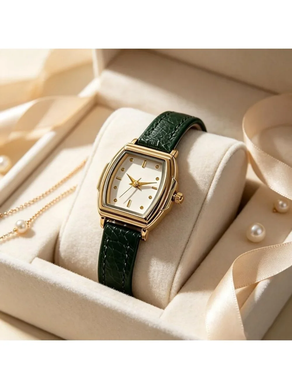 Women's Green Rectangular Case Metal Case Simple Dial Leather Strap Wrist Watch